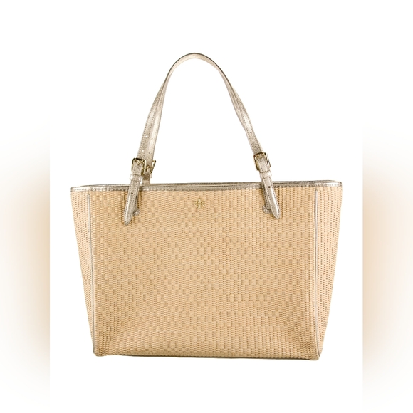 Tory Burch Designer Raffia Straw Tan Gold Silver Tote Bag Purse